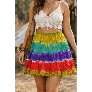 Derek Heart Rainbow Tie Dye Tiered Skirt Medium Boho Festival Hippie Rayon